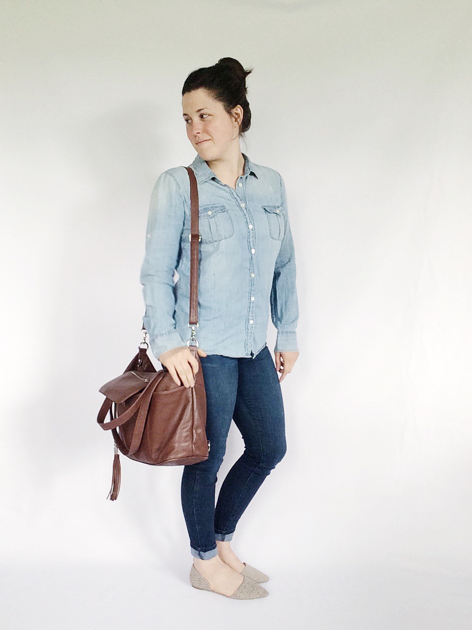 Use 10 pieces to create 10 unique everyday looks via thelovelylauralife.com | chambray, dark denim + patterned flat