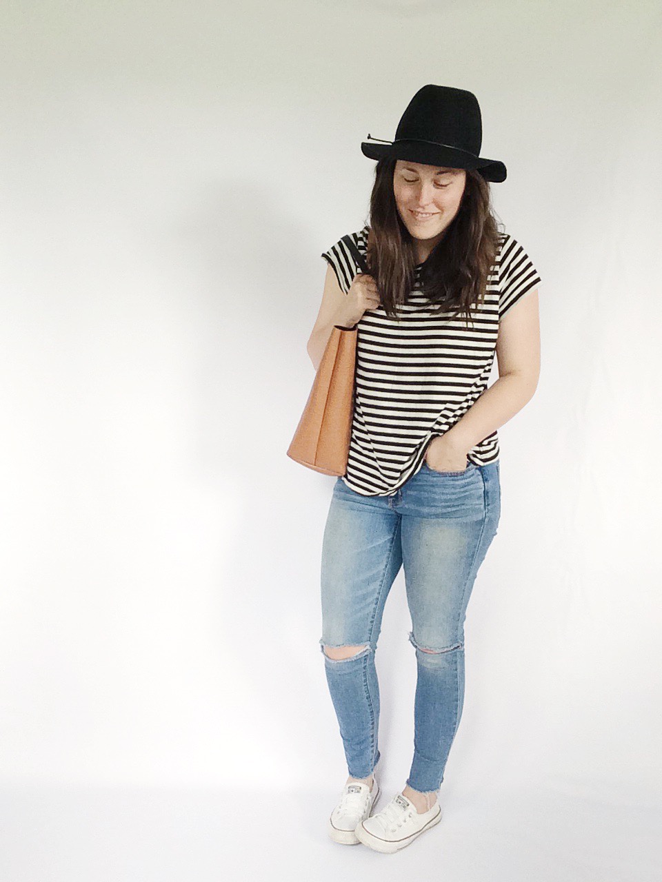 Use 10 pieces to create 10 unique everyday looks via thelovelylauralife.com | striped tee, light wash denim + converse